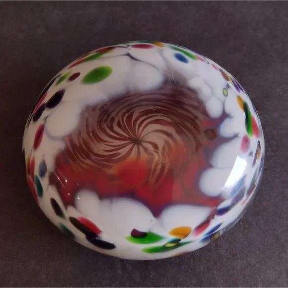 Vintage Signed 1996 Hand Blown Art Glass Paperweight Millefiori Rainbow Confetti